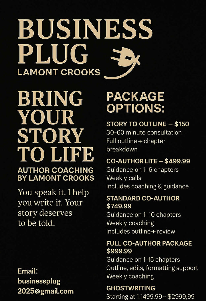 Bring Your Story to Life Book Service – Chapters 1–15 options for author coaching by Lamont Crooks.