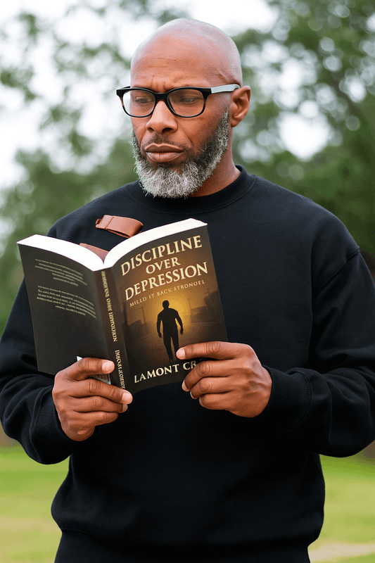 Man reading Discipline Over Depression Book: Build It Back Stronger by Lamont Crooks outdoors.
